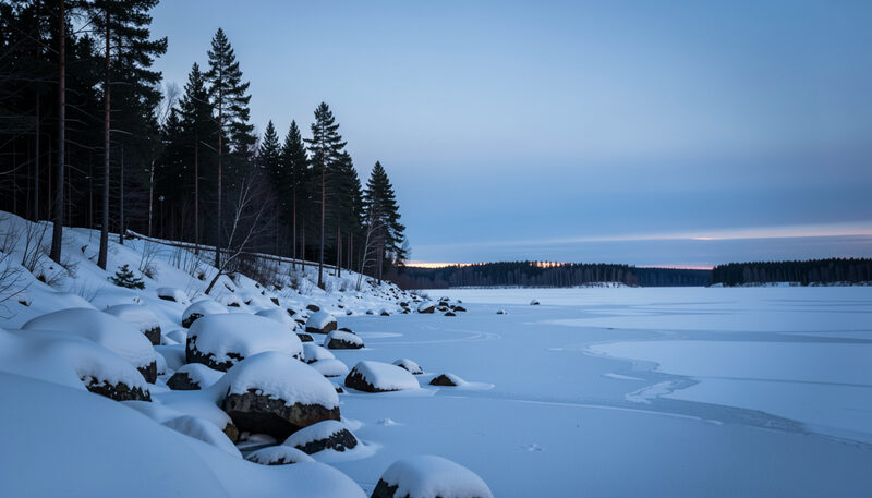 Frozen northern lake at blue hour with snow covered rocks and black spruce along the shore