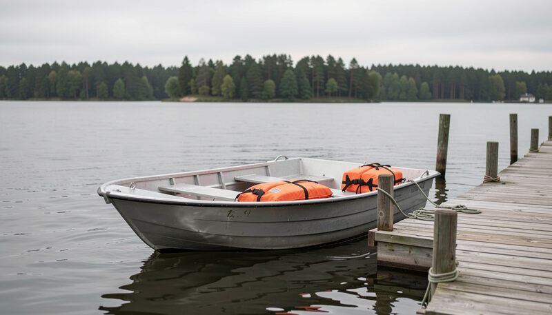 A small open aluminium fishing boat with two orange lifejackets on the seats, tied to a wooden dock on calm grey water