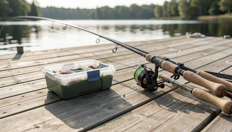 Fishing rods resting against a wooden dock with a tackle box and calm lake in background