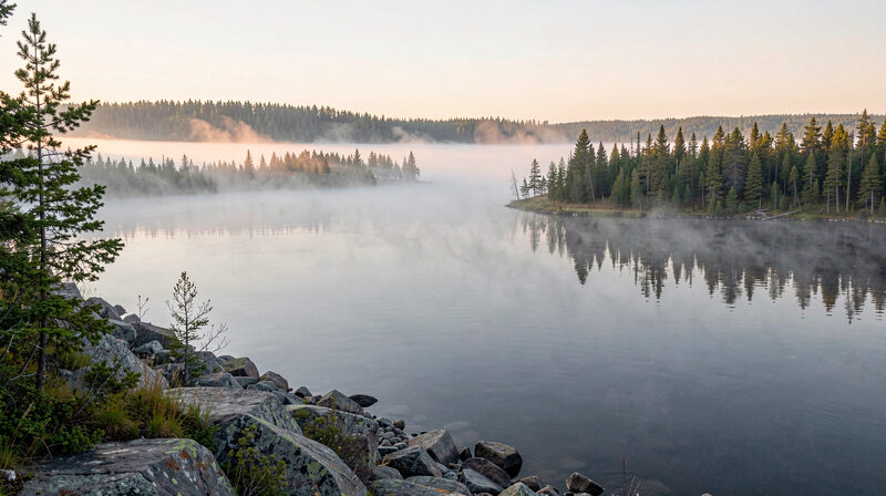 Dawn across a large island studded lake in Northwestern Ontario with mist on dark water and a spruce ridgeline