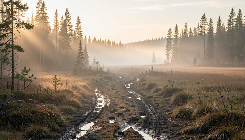 Mist rising over boreal forest and wetland with moose tracks along a muddy trail at sunrise