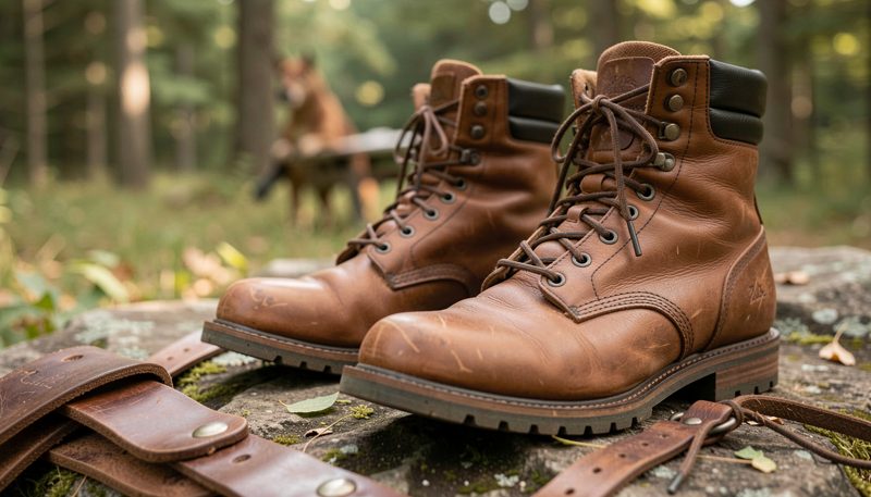 Oiled leather hunting boots and a rifle sling drying on a wooden bench near a cabin window in soft daylight