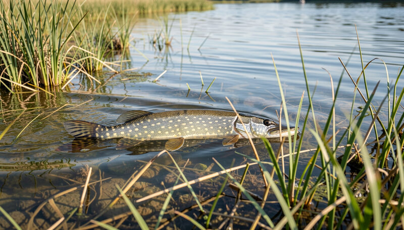 Northern pike gliding through weed beds in shallow clear lake water in daylight