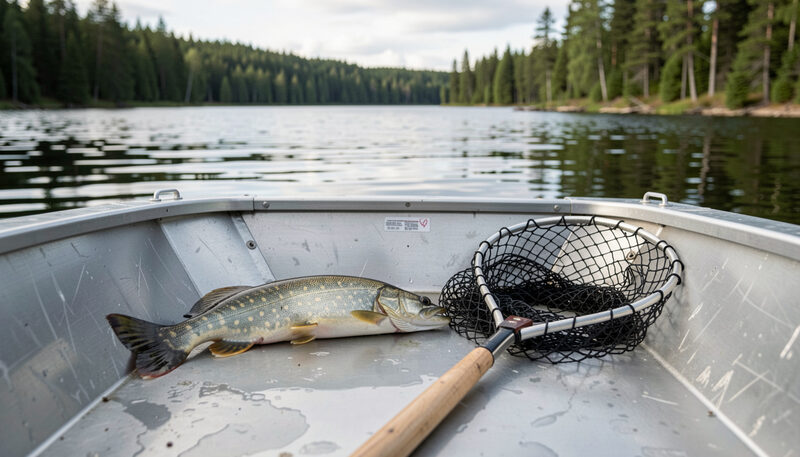 A pike lying on the wet aluminium floor of a small fishing boat beside a folded landing net, forested shore behind