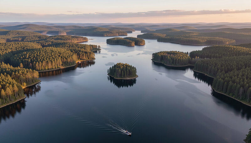 Wide aerial view of a large forested lake with scattered islands and a small boat leaving a wake at dawn